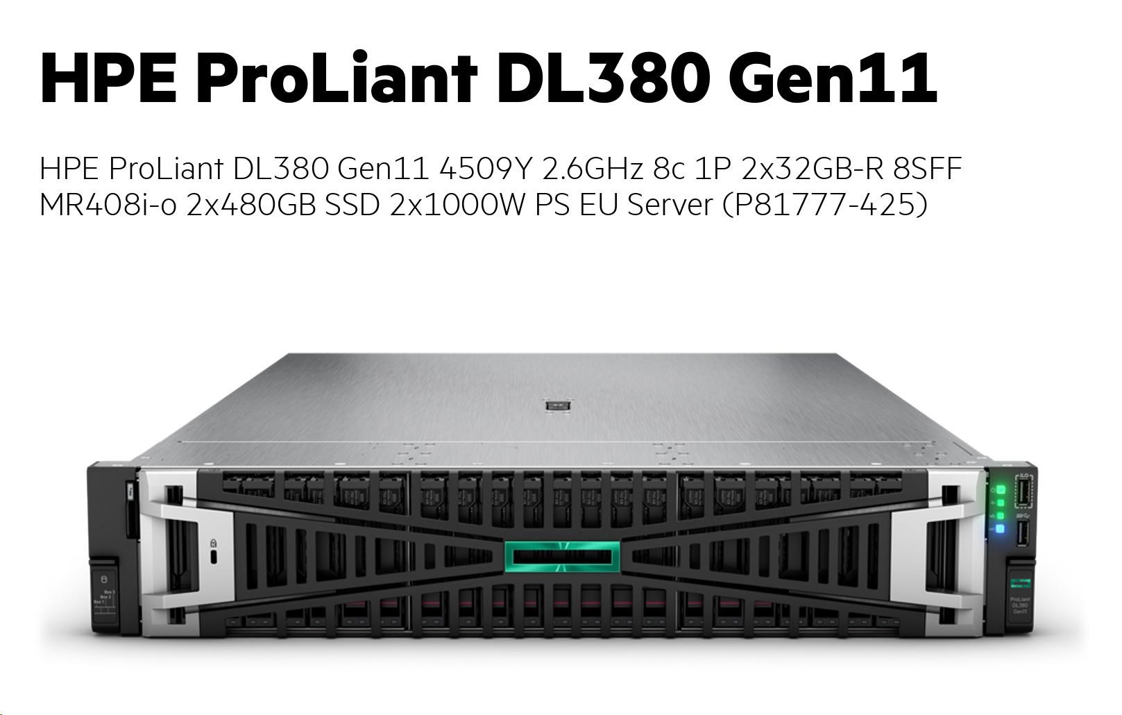 HPE PL DL380g11 4509Y (2.6/ 8C) 2x32G (p64706) 8SFF MR408i-o 2x480G 2x1000W 4x1Gb NBD333 Smart Choice2 