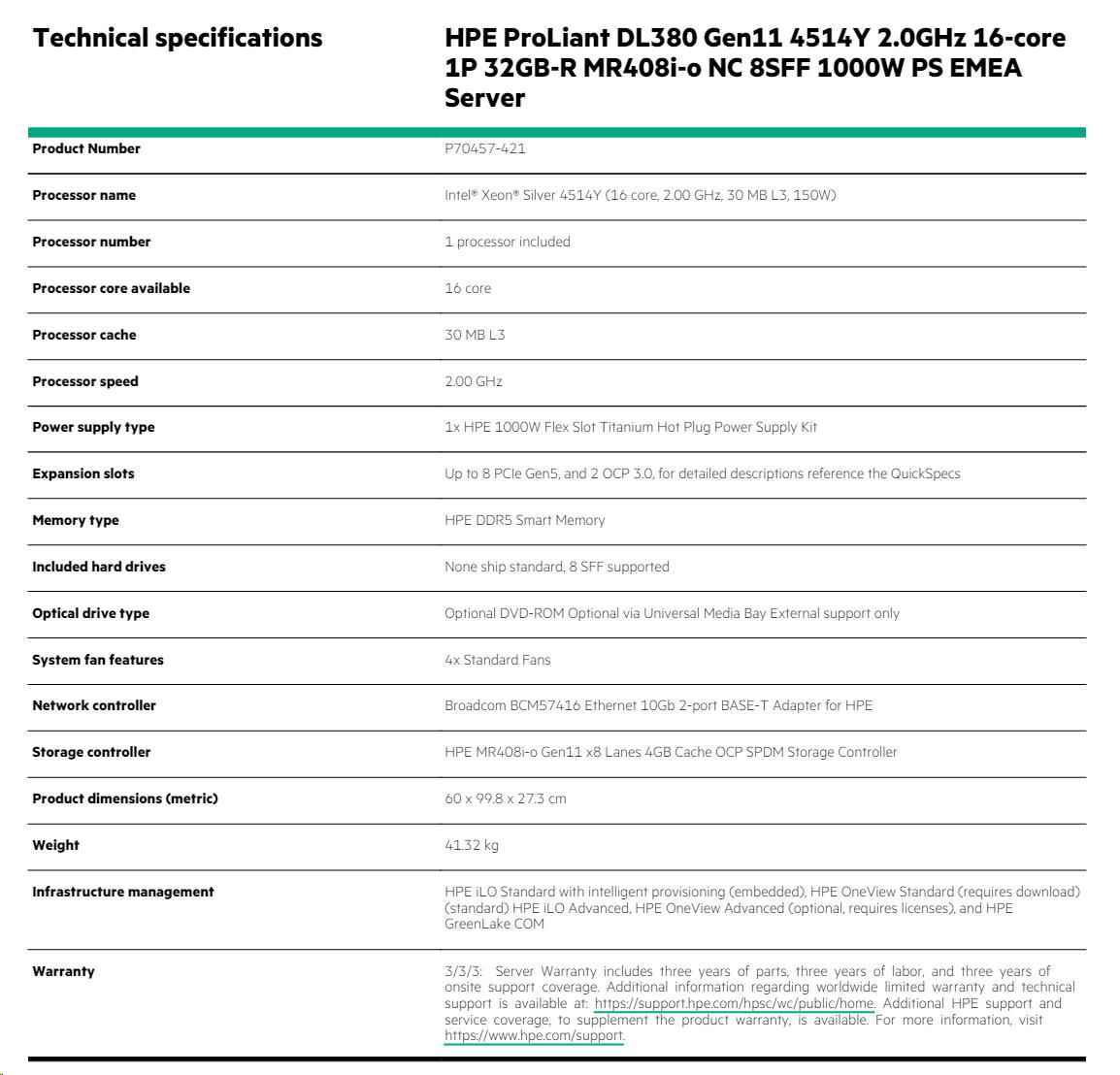 HPE PL DL380g11 4516Y+ (2.2G/ 24C) 2x32G (p64706) MR408i-o/ 4G 2x480G 2x1000W 2x10G-T Smart Choice5 