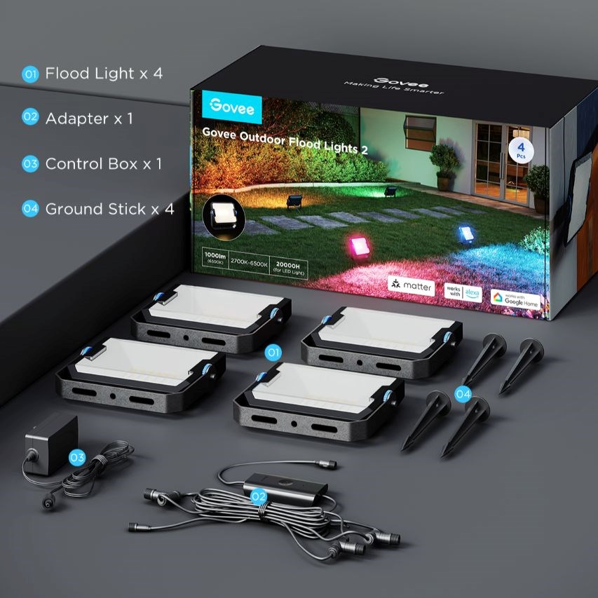 BAZAR - Govee Flood Lights 2 venkovní SMART LED světla 4ks - Poškozený obal (Komplet)5 