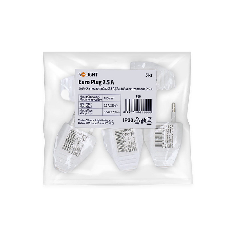Solight zástrčka plochá 2.5A, přímá, IP20, bílá3 