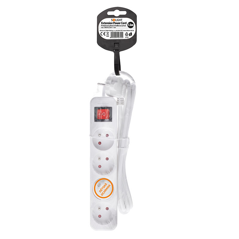 Solight prodlužovací přívod, 4 zásuvky, bílý, vypínač, 1,5m3 