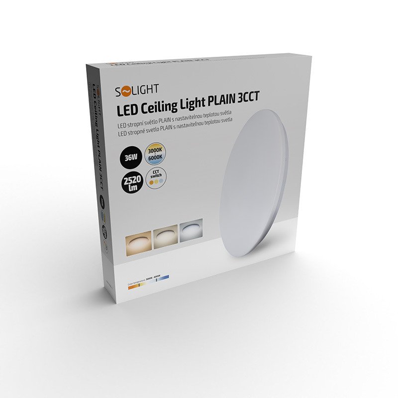 Solight LED stropní světlo Plain,  3CCT,  36W,  2520lm,  3000K,  4000K,  6000K,  kulaté,  45cm2 