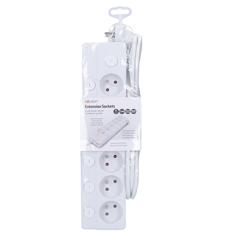 Solight 6z prodlužovací přívod, 3m, 3 x 1mm2, bílý, 6+1 vypínač2 