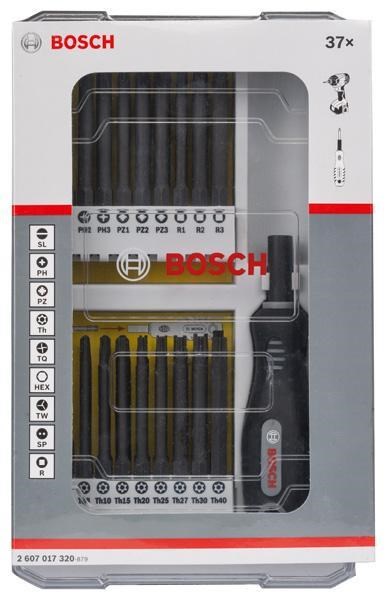 Bosch sada 37 kusů šroubovacích nástavců s rukojetí PH,  PZ,  SL,  TH,  TQ,  H,  TW,  SP,  R a držákem1 