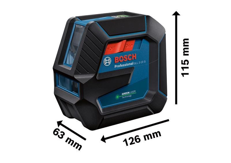 Bosch GLL 2-15 G čárový laser,  pracovní dosah až 15 m,  přesnost +/ -0, 3 mm/ m,  4× baterie 1, 5 V LR6 (AA)1 