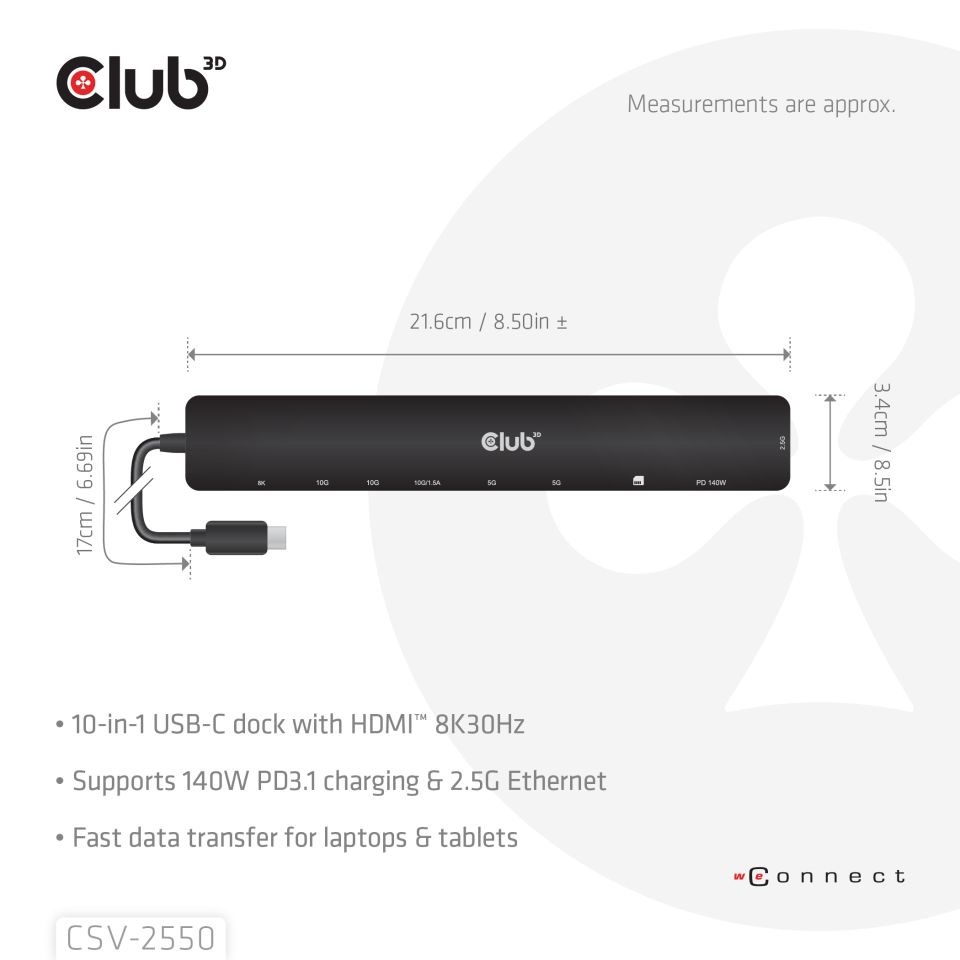 Club3D Dokovací stanice USB-C 10v1,  140W PD,  1xHDMI,  3xUSB-C,  3xUSB,  1xRJ45,  černá0 