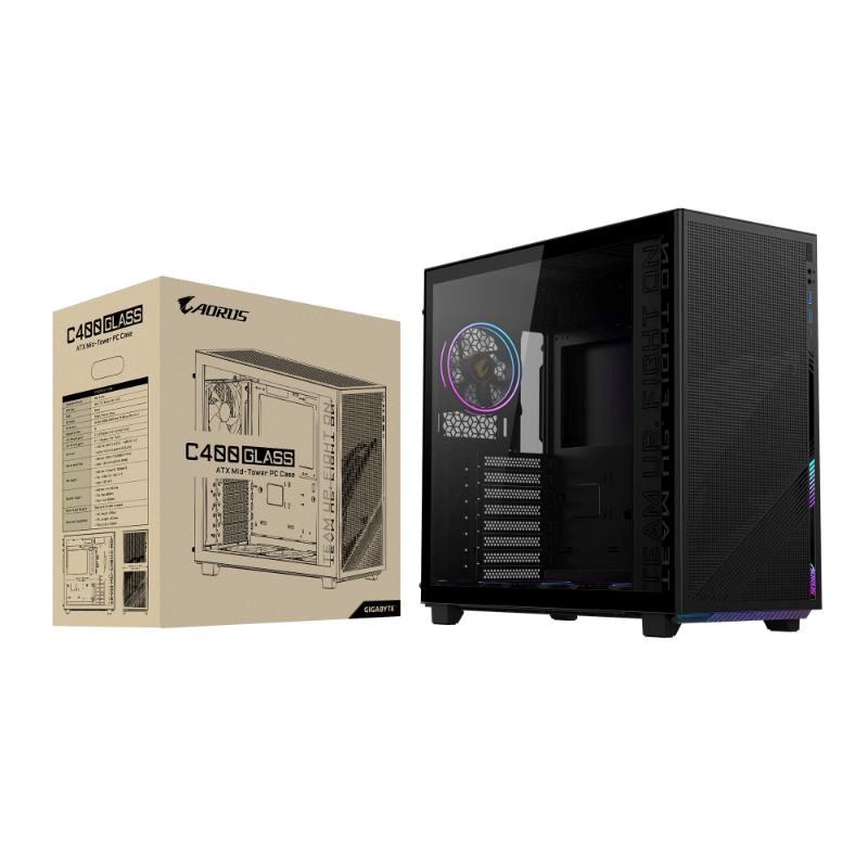 GIGABYTE case GB-AC400G ST,  Mid Tower,  1x USB-C,  2x USB3.0,  Průhledná bočnice,  4x ARGB 120mm Fan,  černá8 