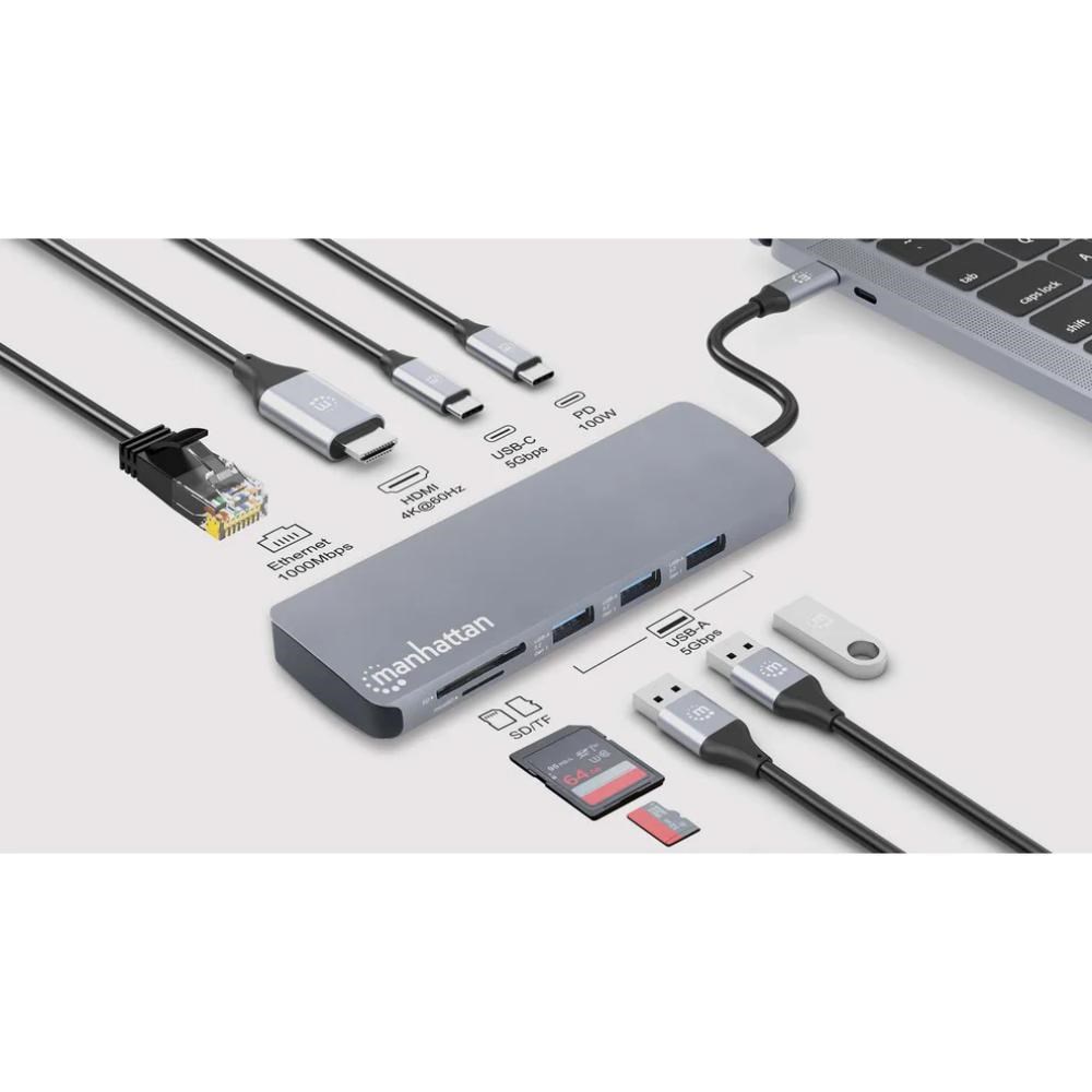 MANHATTAN Dokovací stanice USB-C 9v1, HDMI, USB-C 3.0, USB-C PD 100W, 3xUSB-A 3.0, SD microSD, RJ454 