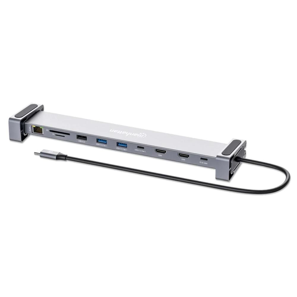 MANHATTAN Dokovací stanice USB-C 10v1, 2xHDMI, USB-C 3.0, USB-C PD 100W, 3xUSB-A 3.0, SD microSD, RJ450 
