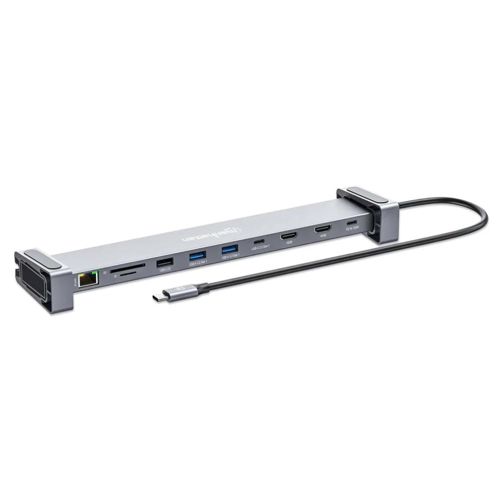 MANHATTAN Dokovací stanice USB-C 10v1, 2xHDMI, USB-C 3.0, USB-C PD 100W, 3xUSB-A 3.0, SD microSD, RJ452 