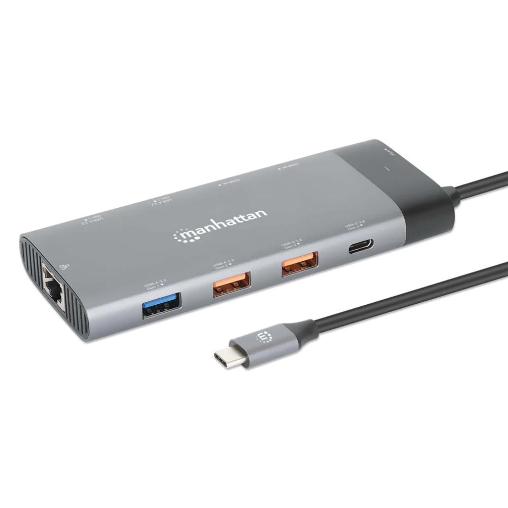 MANHATTAN Dokovací stanice USB-C 10v1, 2xHDMI, USB-C 3.1, USB-C PD 100W, 2xUSB-A 3.1, 3xUSB-A 3.0, RJ450 