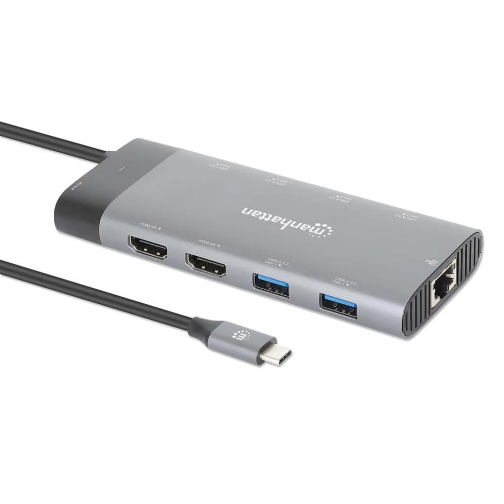 MANHATTAN Dokovací stanice USB-C 10v1, 2xHDMI, USB-C 3.1, USB-C PD 100W, 2xUSB-A 3.1, 3xUSB-A 3.0, RJ451 