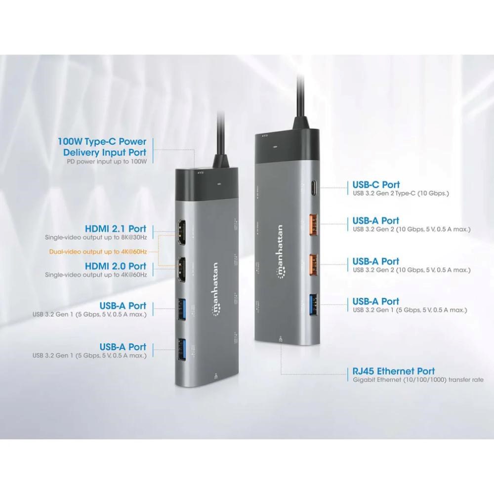 MANHATTAN Dokovací stanice USB-C 10v1, 2xHDMI, USB-C 3.1, USB-C PD 100W, 2xUSB-A 3.1, 3xUSB-A 3.0, RJ454 
