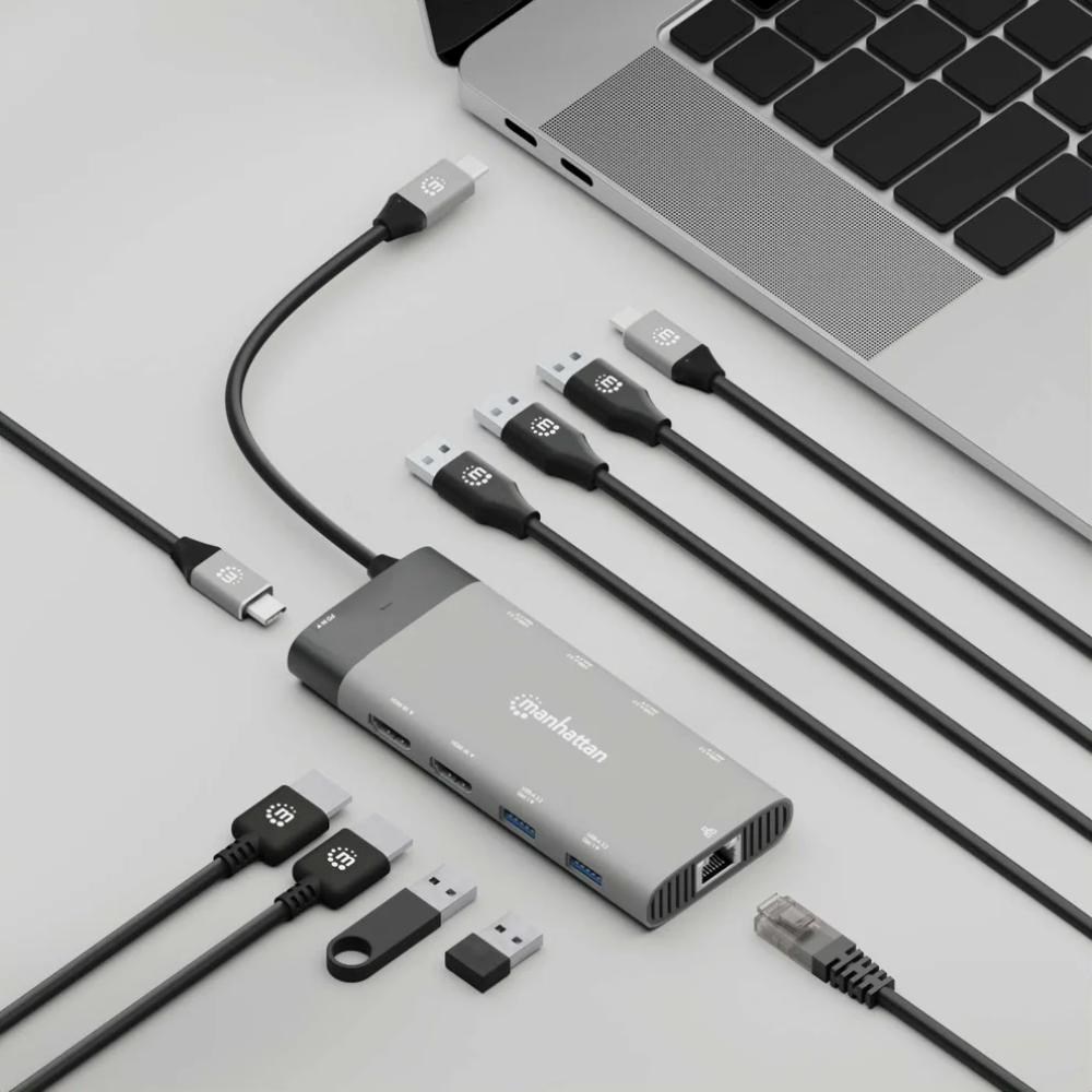 MANHATTAN Dokovací stanice USB-C 10v1, 2xHDMI, USB-C 3.1, USB-C PD 100W, 2xUSB-A 3.1, 3xUSB-A 3.0, RJ455 