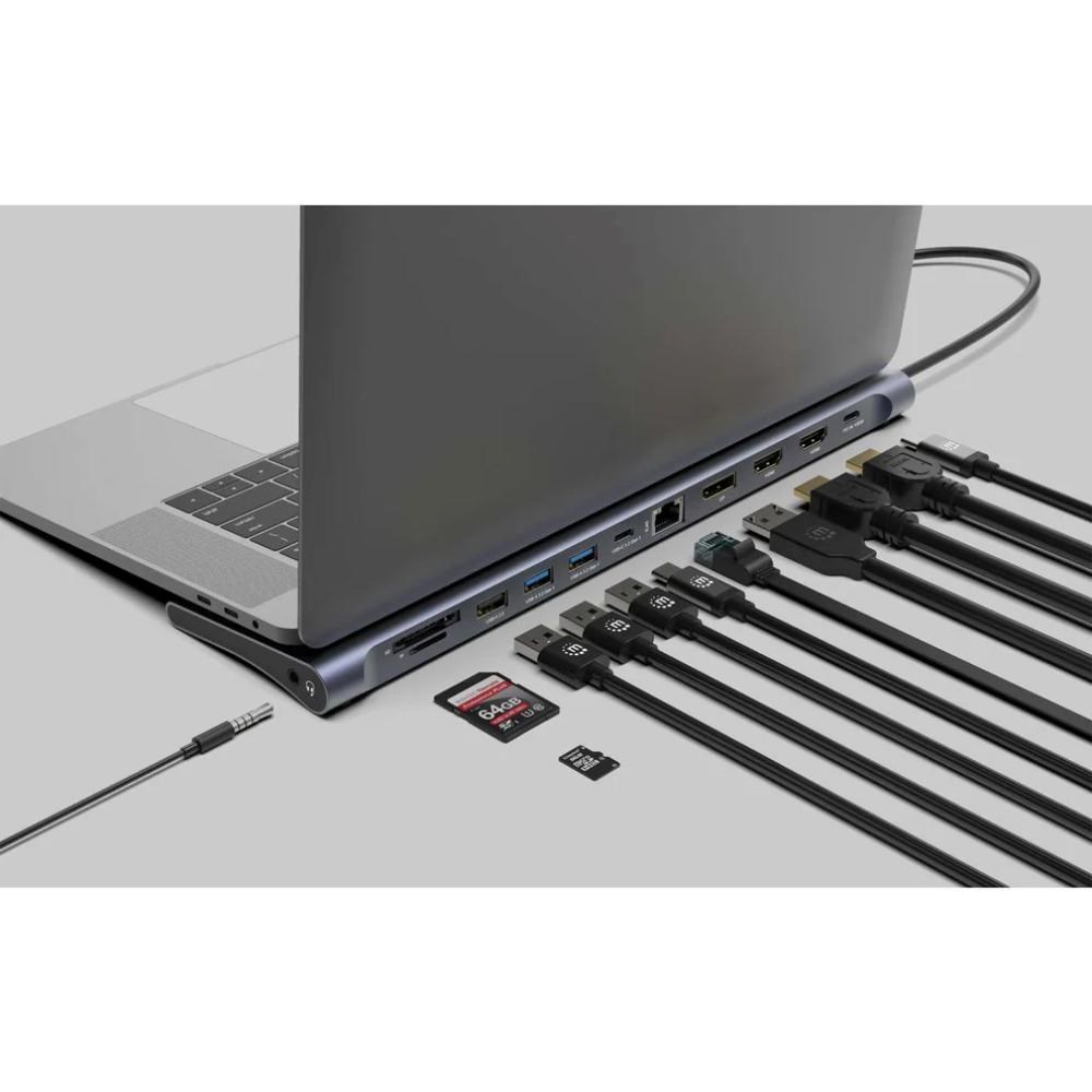 MANHATTAN Dokovací stanice USB-C 12v1, 2xHDMI, DP, USB-C PD 100W, USB-C 3.0, 3xUSB-A 3.0, SD microSD, RJ45, 3.5mm Jack1 