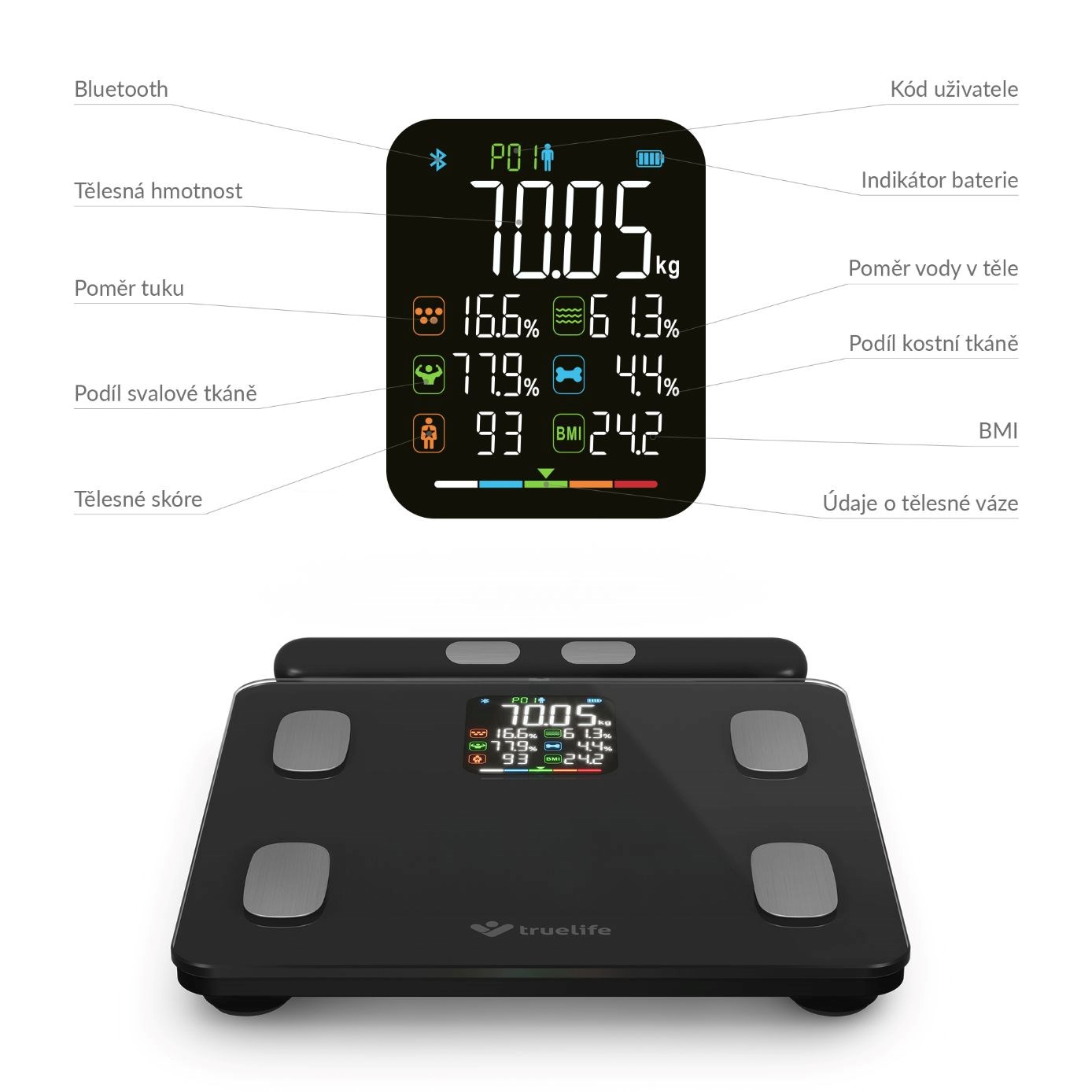 TrueLife FitScale W8 BT Black - osobní diagnostická bluetooth váha8 