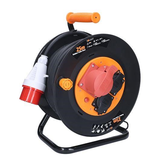Solight prodlužovací přívod na bubnu,  3 zásuvky,  400V + 230V,  25m gumový kabel 5x1, 5mm2,  IP440 