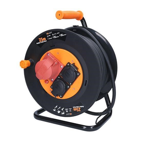 Solight prodlužovací přívod na bubnu,  3 zásuvky,  400V + 230V,  25m gumový kabel 5x1, 5mm2,  IP441 