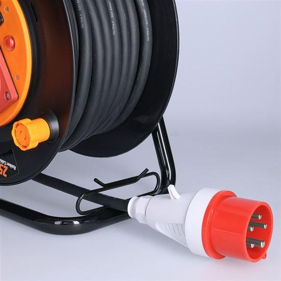 Solight prodlužovací přívod na bubnu,  3 zásuvky,  400V + 230V,  25m gumový kabel 5x1, 5mm2,  IP442 