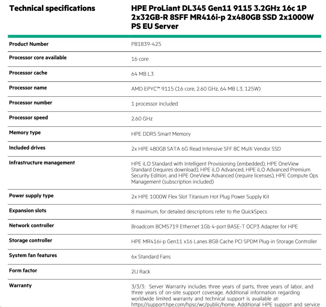 HPE PL DL345g11 AMD Epyc 9115 (2.6G/ 16C) 2x32G (P64985) 2x480G (P40497) 2x1000W MR416i-p 8SFF 4p1G Smart Choice4 