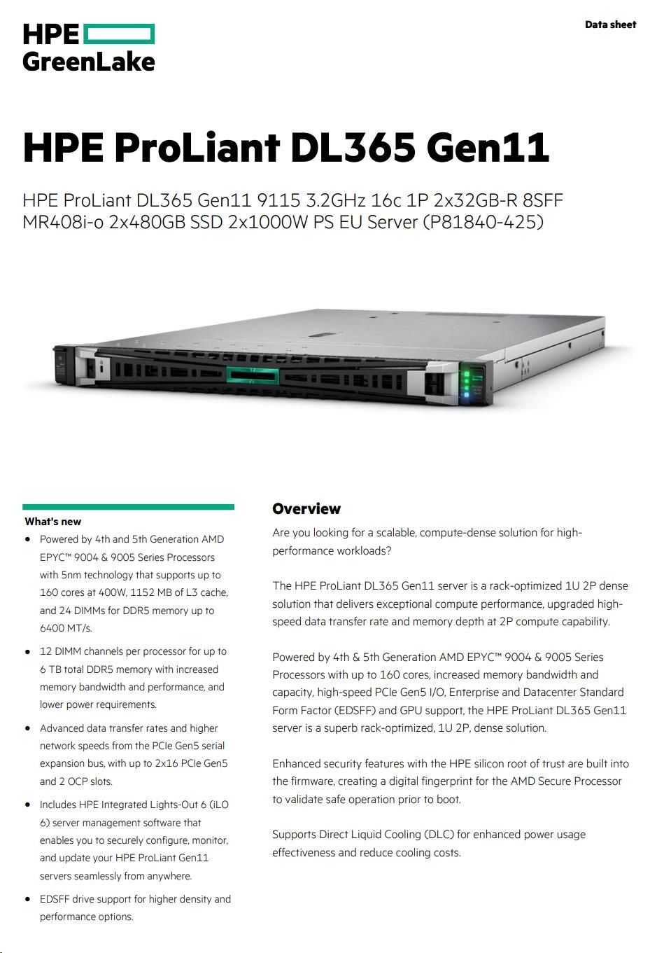 HPE PL DL365g11 AMD Epyc 9115 (2.6-4.1/ 16C) 2x32G (P64985) 2x480G MR408i-o/ 4G o2p10G-T 8SFF 2x1000W 1U Smart Choice6 