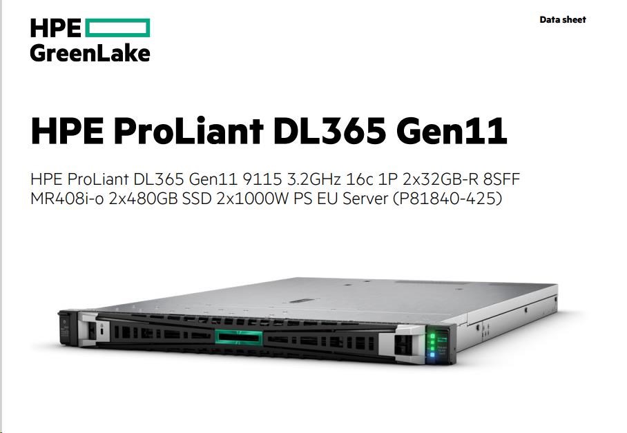 HPE PL DL365g11 AMD Epyc 9115 (2.6-4.1/ 16C) 2x32G (P64985) 2x480G MR408i-o/ 4G o2p10G-T 8SFF 2x1000W 1U Smart Choice8 