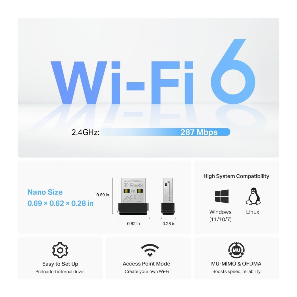 TP-Link Archer TX1U Nano WiFi6 USB adapter (AX300, 2, 4GHz/ 5GHz, USB2.0)3 