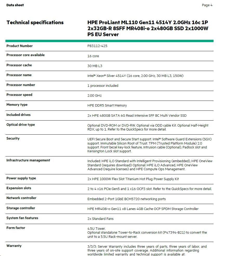 HPE PL ML110g11 4514Y (2.0G/ 16C) 2x32G (P64706) 2x480G 2x1000W MR408i-o 8SFF 2p1G Smart Choice2 