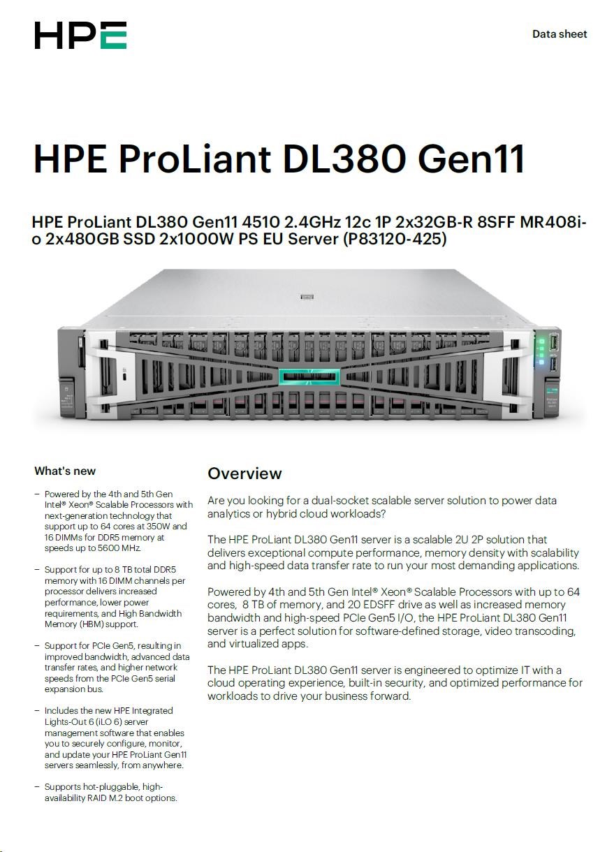 HPE PL DL380g11 4510 (2.4G/ 12C) 2x32G (p64706) 2x480G 8SFF MR408i-o 2x1000W 4p1To Smart Choice9 