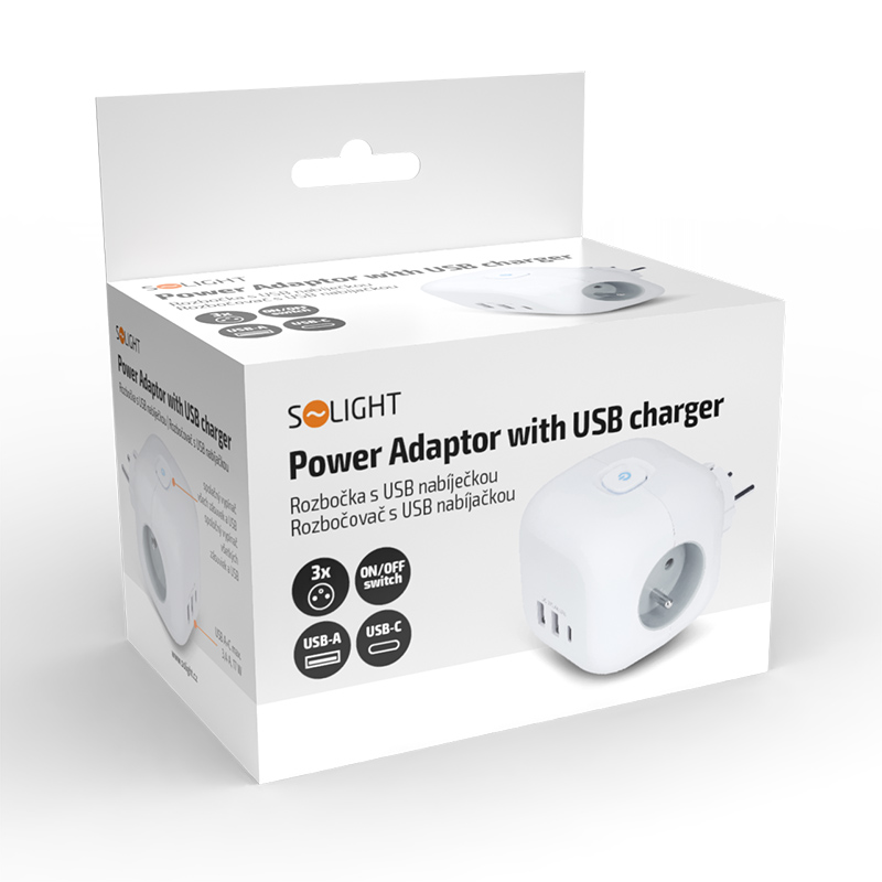 Solight rozbočka kostka,  3x 16A + USB A+C,  bílá,  vypínač6 