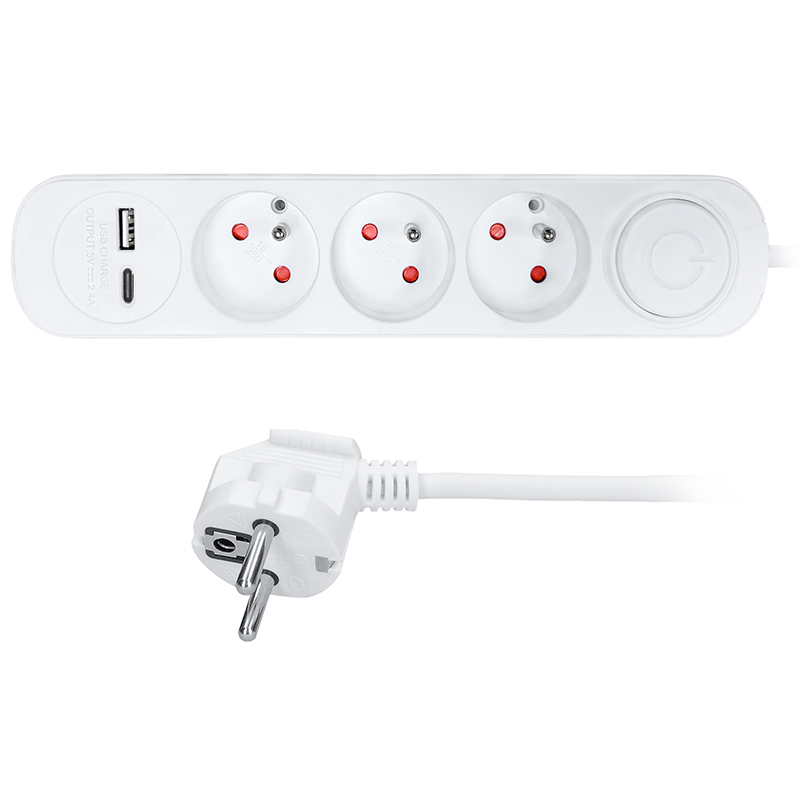 Solight 3z prodlužovací přívod s USB A+C nabíječkou 2.4A,  2m,  3 x 1mm2,  bílý,  vypínač0 