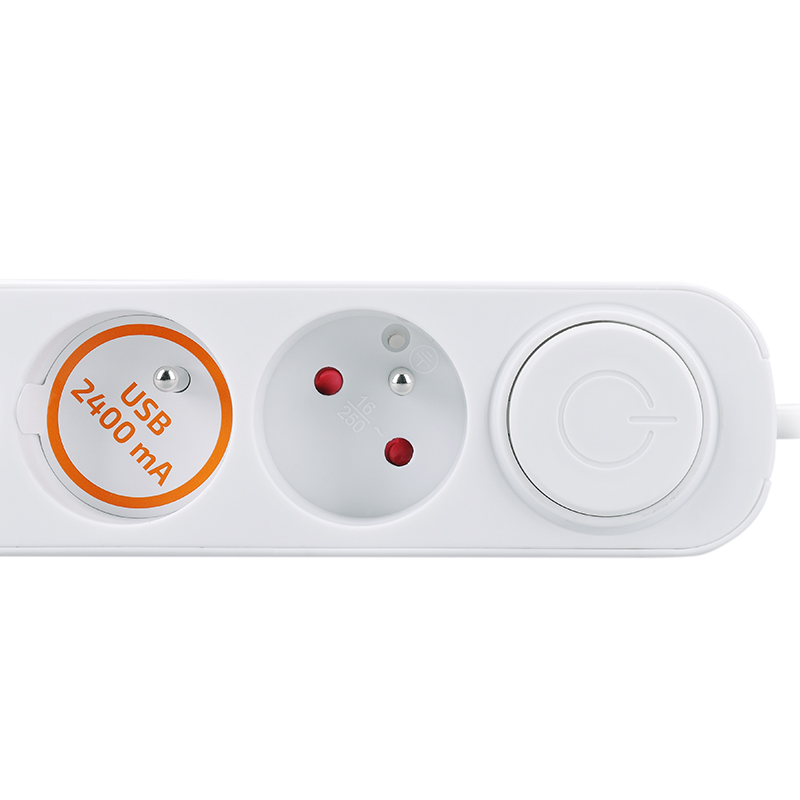 Solight 3z prodlužovací přívod s USB A+C nabíječkou 2.4A,  2m,  3 x 1mm2,  bílý,  vypínač1 