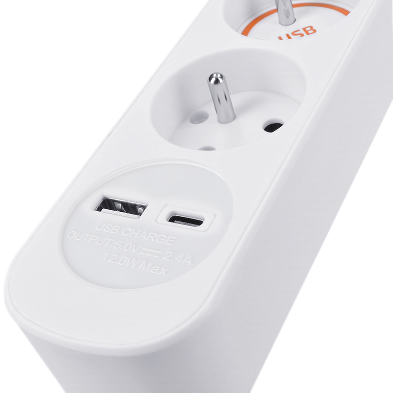Solight 3z prodlužovací přívod s USB A+C nabíječkou 2.4A,  2m,  3 x 1mm2,  bílý,  vypínač3 
