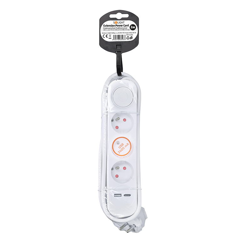 Solight 3z prodlužovací přívod s USB A+C nabíječkou 2.4A,  2m,  3 x 1mm2,  bílý,  vypínač4 