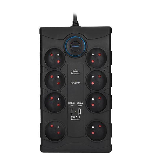 Solight přepěťová ochrana,  8z,  USB A+CA,  2m,  černá3 