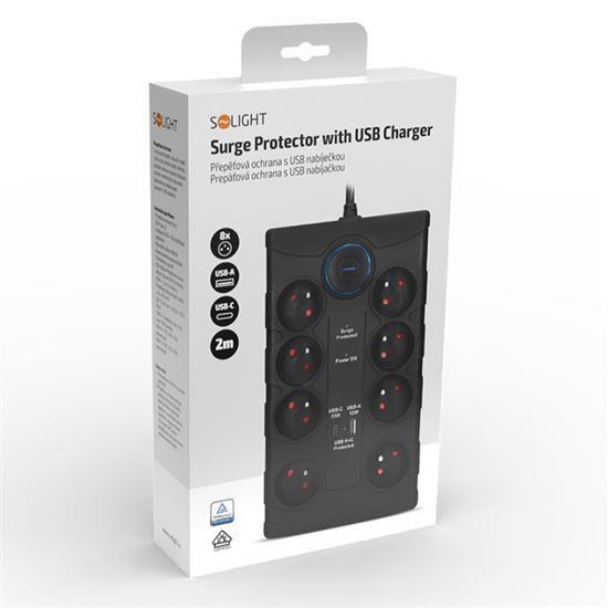 Solight přepěťová ochrana,  8z,  USB A+CA,  2m,  černá8 