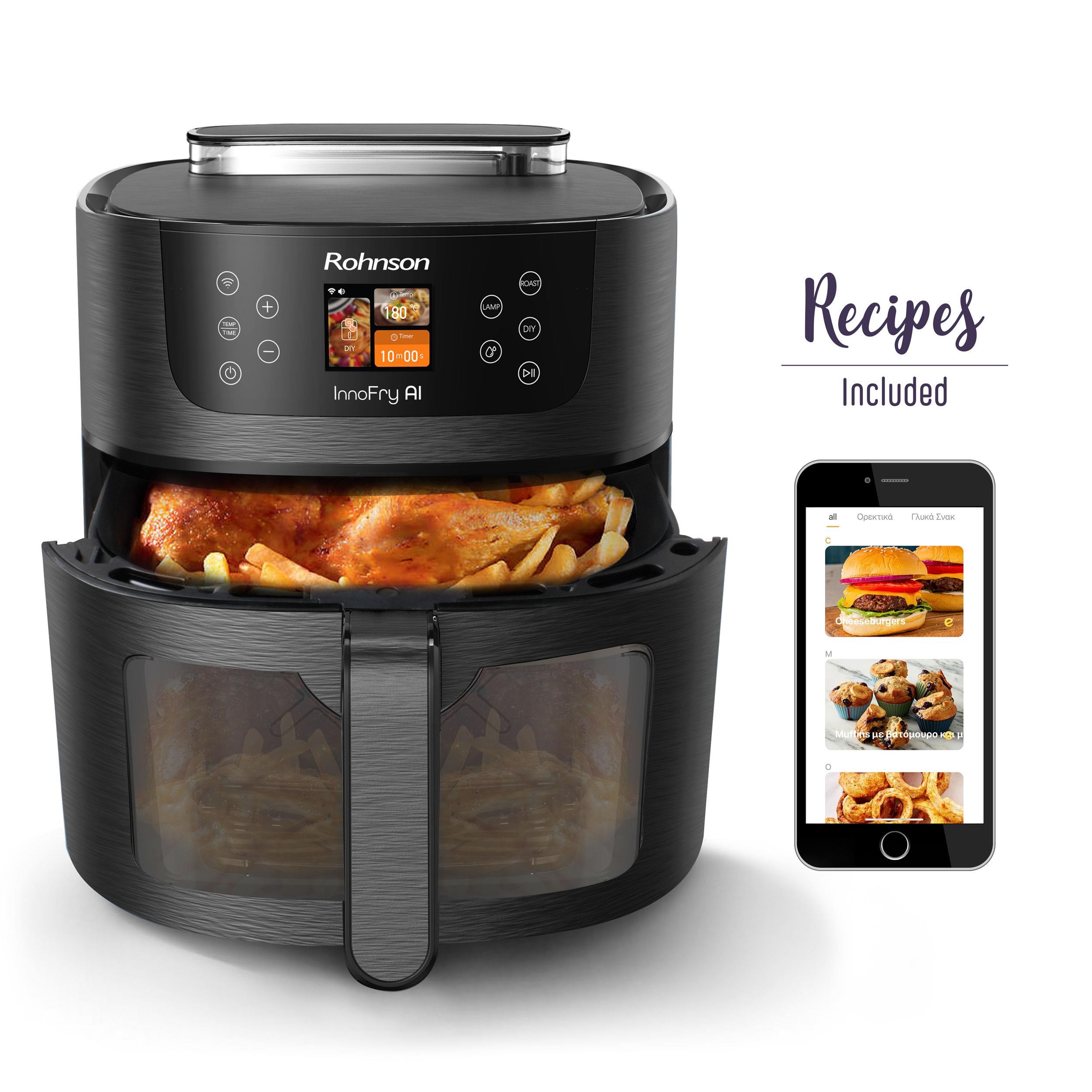 Rohnson InnoFry AI chytrá horkovzdušná fritéza,  1800 W,  Wi-Fi,  objem 8 l,  TFT displej,  černá2 