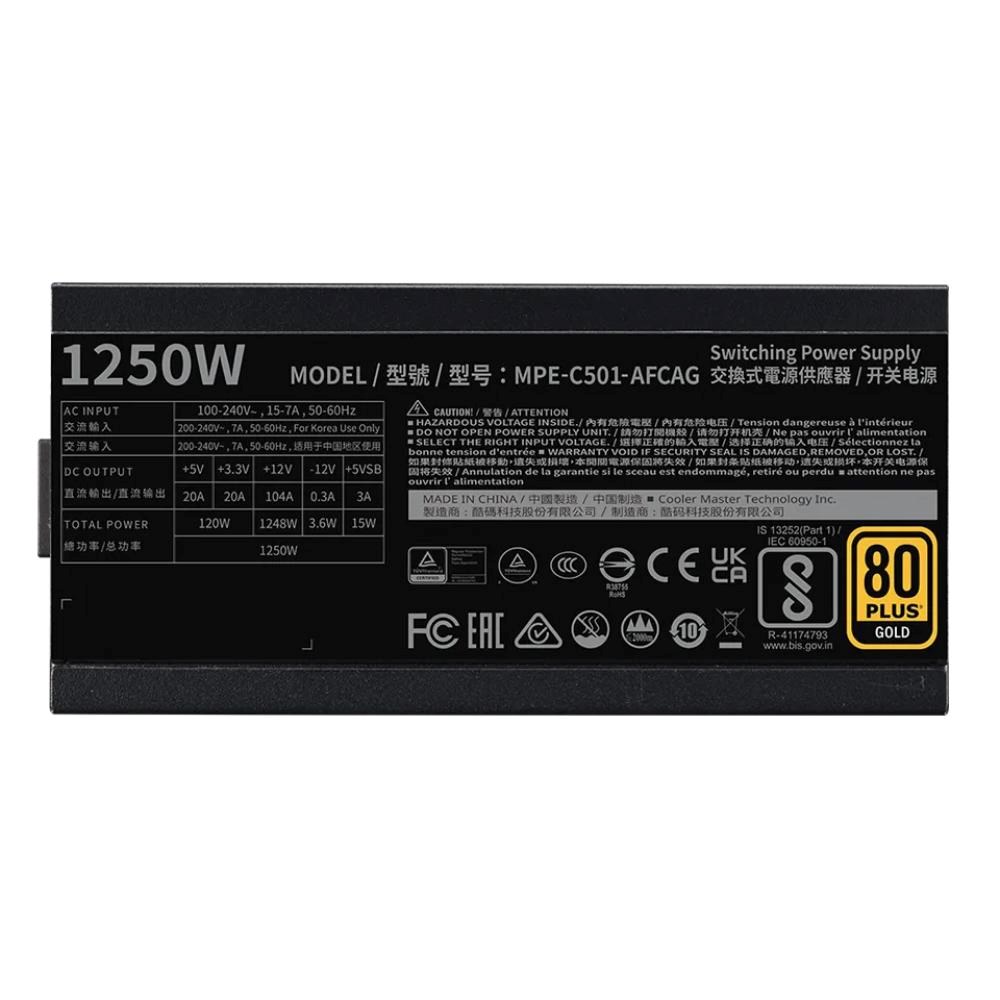 Cooler Master zdroj 1250W MWE Gold,  140mm,  80+ Gold,  Plně modulární,  ATX 3.12 
