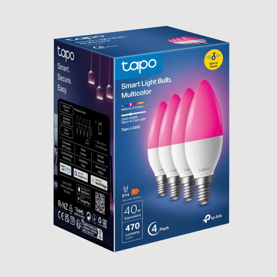 TP-Link Tapo L430C(4-pack) chytrá WiFi stmívatelná LED žárovka (barevná, 2500K-6500K, 470lm, 2, 4GHz, E14)2 