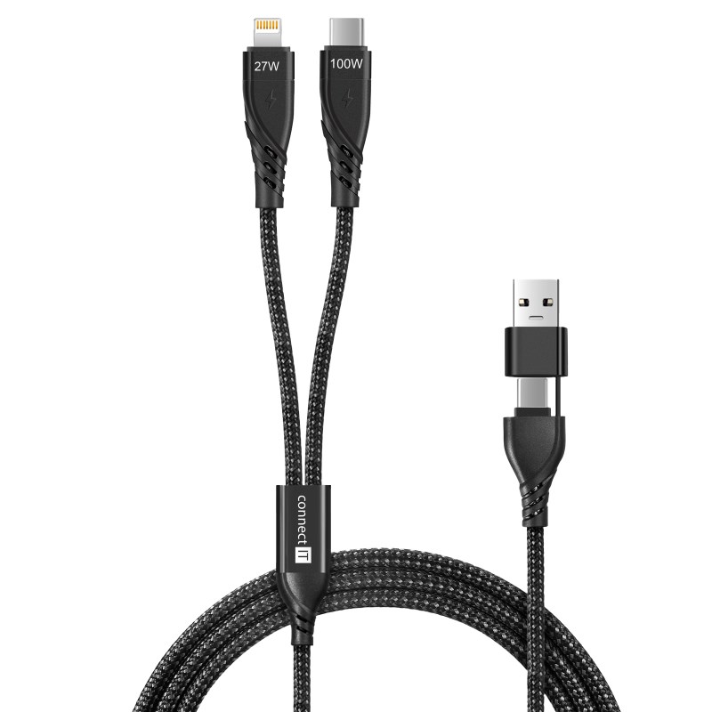 CONNECT IT Nabíjecí kabel Wirez 4v1,  USB-C/ USB,  Lightning/ USB-C,  1.25m,  černá0 