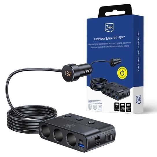 3mk Car Power Splitter 120W PD QC PPS USB 3A1C3 Socket Black0 