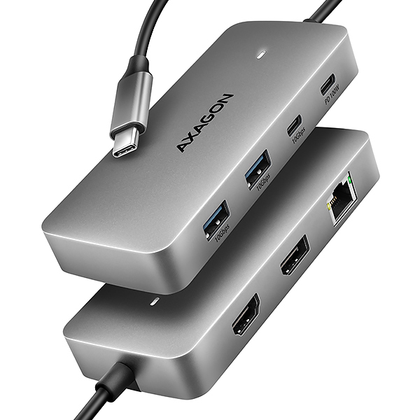 AXAGON HMC-CUB83X2, USB 10Gbps hub, 2x USB-A, USB-C, HDMI & DP 4k/ 144Hz, RJ-45, PD 100W, kábel 15cm