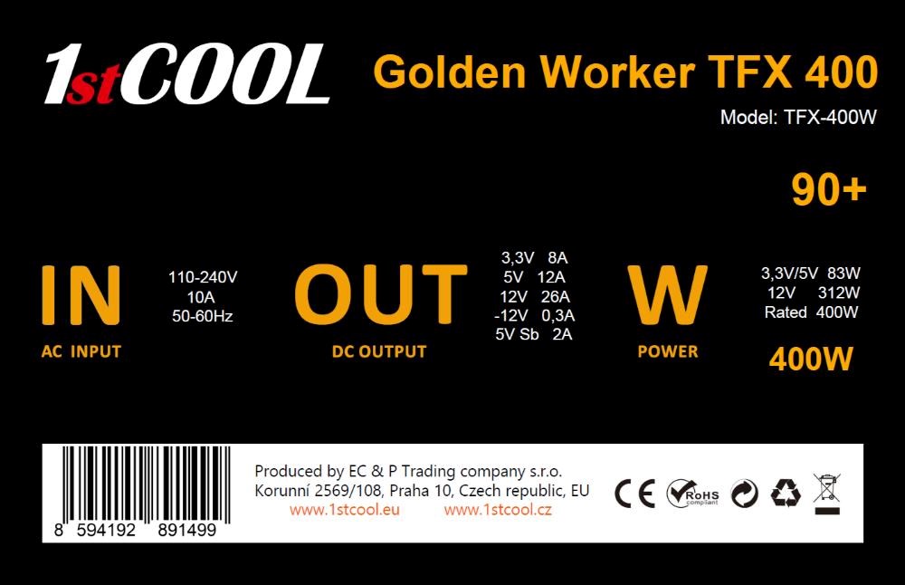 1stCOOL Zdroj Golden Worker TFX 400 88+, 400W, TFX, černá1 