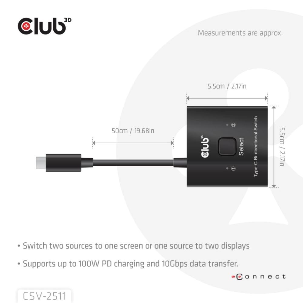 Club3D Switch,  USB-C na 2xUSB-C Oboustranný 2v1,  8K60Hz,  4K120Hz,  PD 100W1 