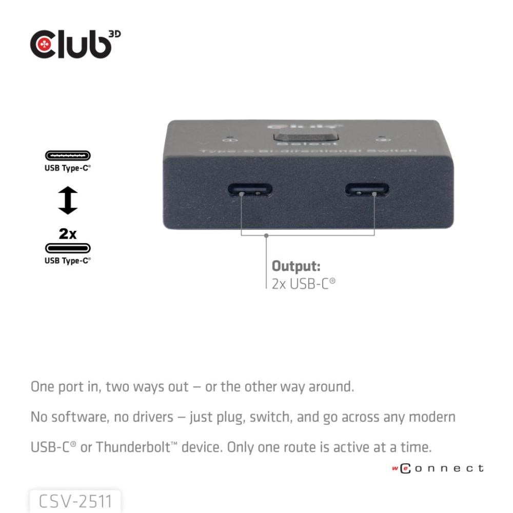 Club3D Switch,  USB-C na 2xUSB-C Oboustranný 2v1,  8K60Hz,  4K120Hz,  PD 100W2 
