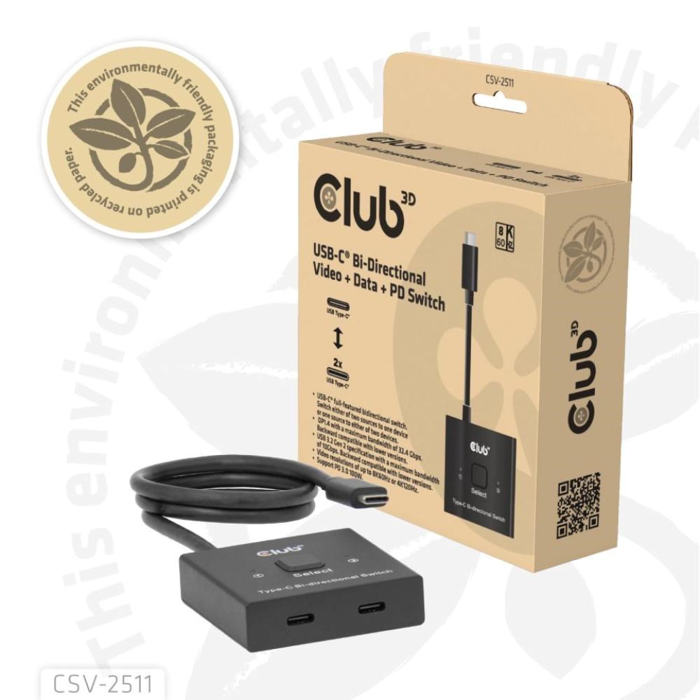 Club3D Switch,  USB-C na 2xUSB-C Oboustranný 2v1,  8K60Hz,  4K120Hz,  PD 100W4 