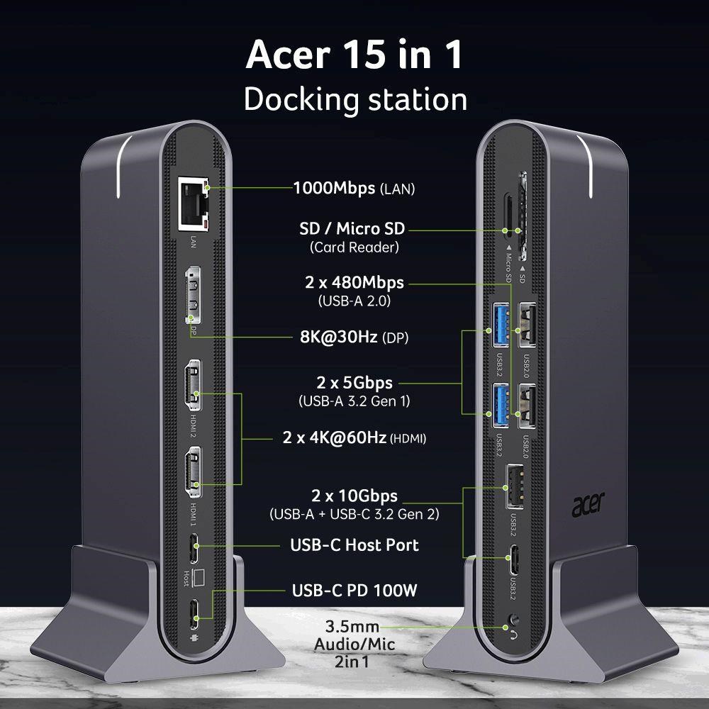 ACER 15in1 USB Type-C Universal Mini-dock: Host interface: USB-C,  2x USB-A 2.0,  1x USB-A 3.2 Gen2,  1x USB-A 3.2 Gen1,  14 