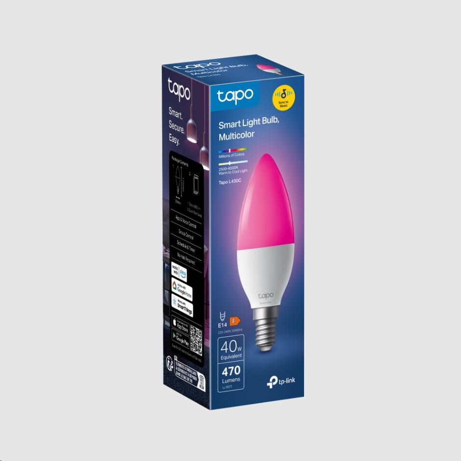 TP-Link Tapo L430C chytrá WiFi stmívatelná LED žárovka (barevná, 2500K-6500K, 470lm, 2, 4GHz, E14)1 