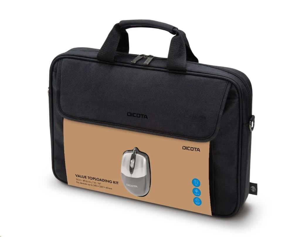 DICOTA Value Toploading Kit 14-16,  Brašna na notebook s přiloženou optickou myší,  černá0 