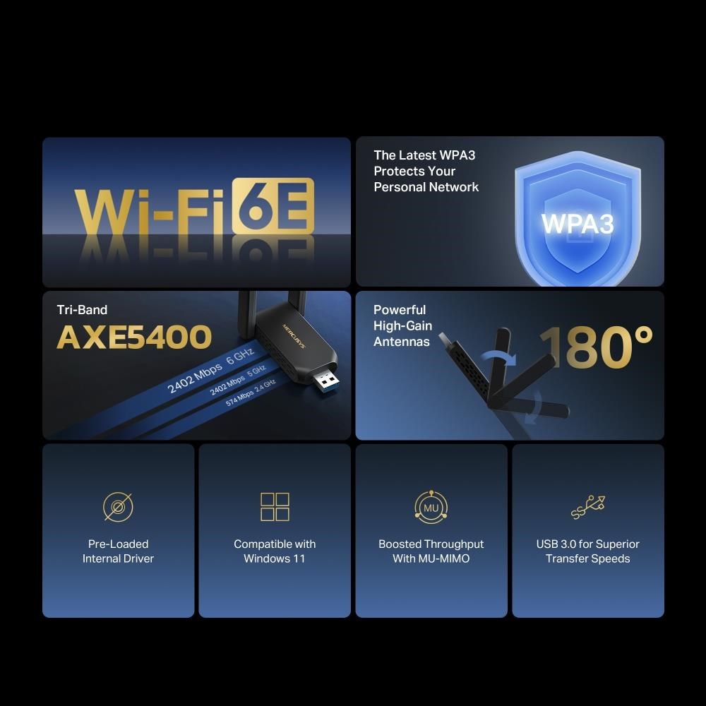 MERCUSYS MA86XH WiFi6 USB adapter (AXE5400, 2, 4GHz/ 5GHz/ 6GHz, USB3.0)3 